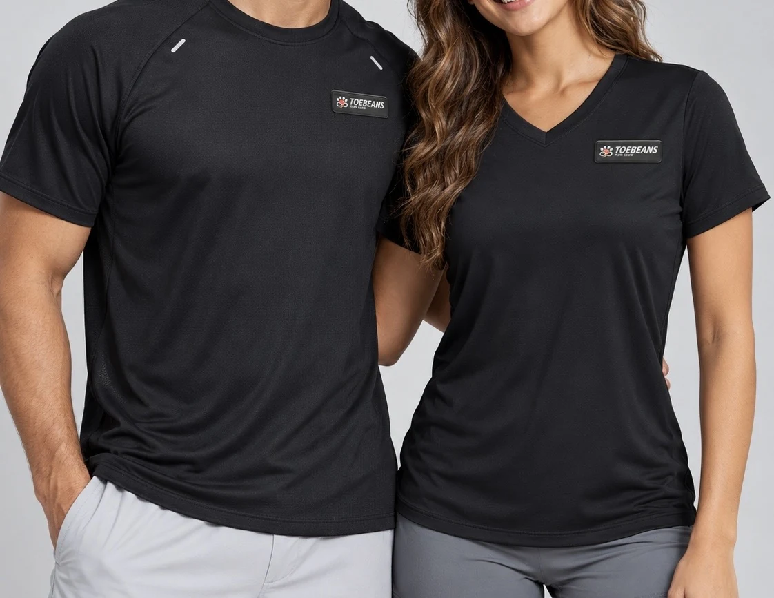 Two models wearing the ToeBeans Founder’s Shirts: men’s crewneck and women’s V-neck, both with the chest patch