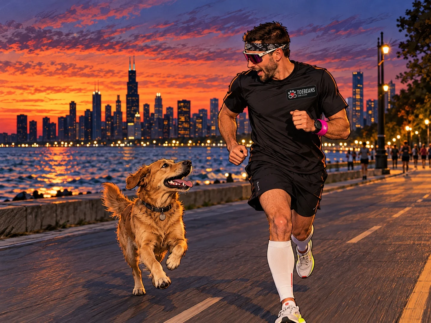 Illustrated memory of a ToeBeans runner encountering Buddy beside the Chicago lakefront at sunset