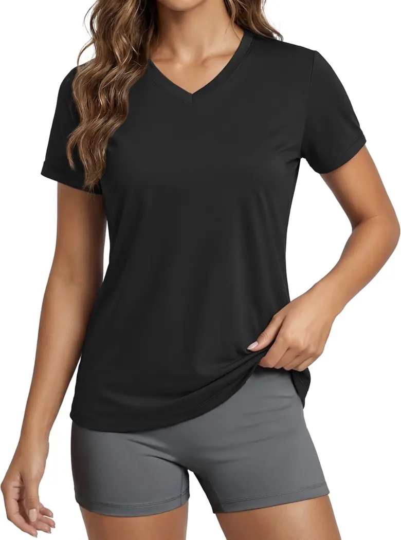 Unbranded black women's V-neck performance shirt, front view